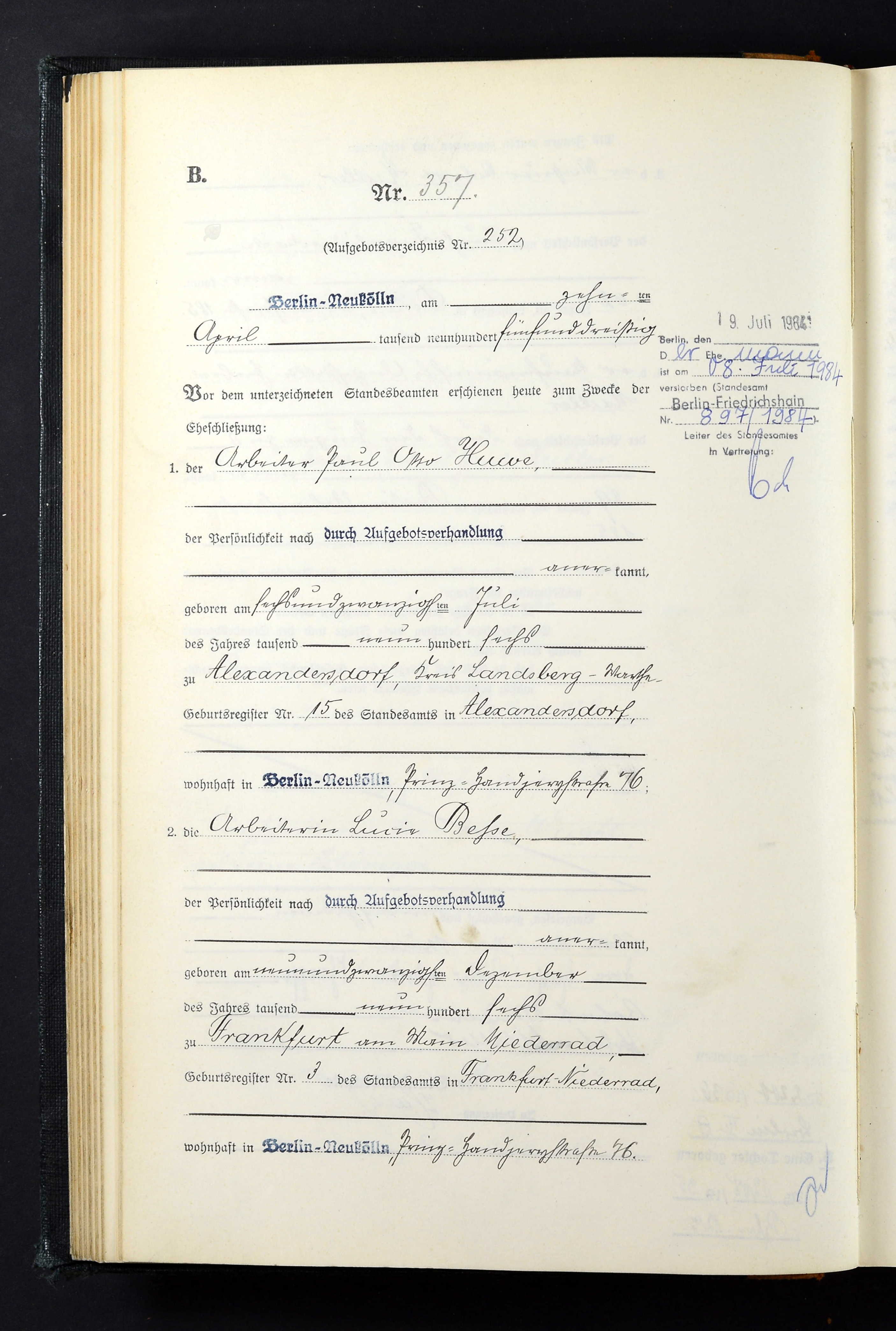 Registereintrag mit Randnotizen