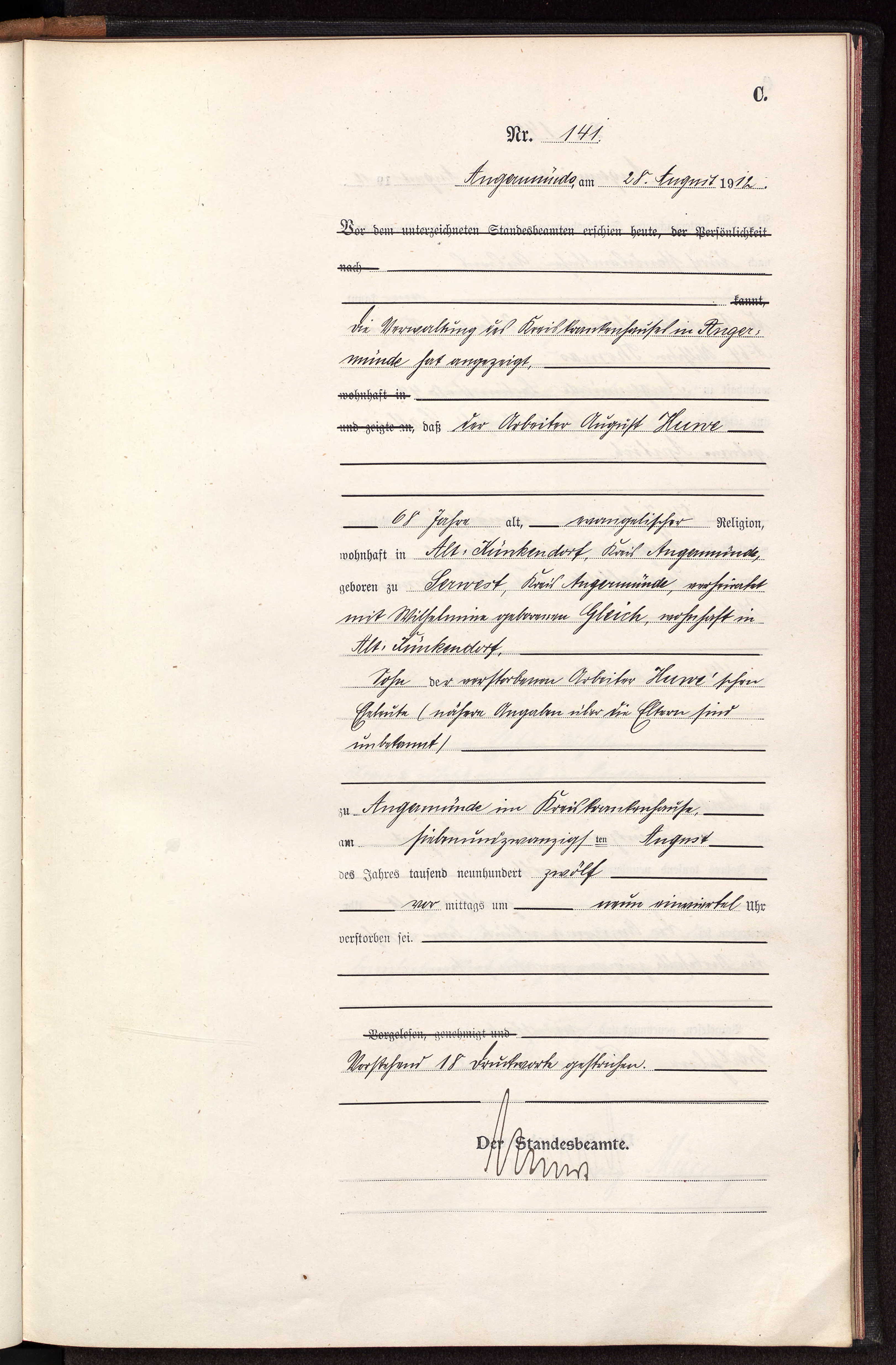 Urkunde August Friedrich Huwe 1912 Angermünde